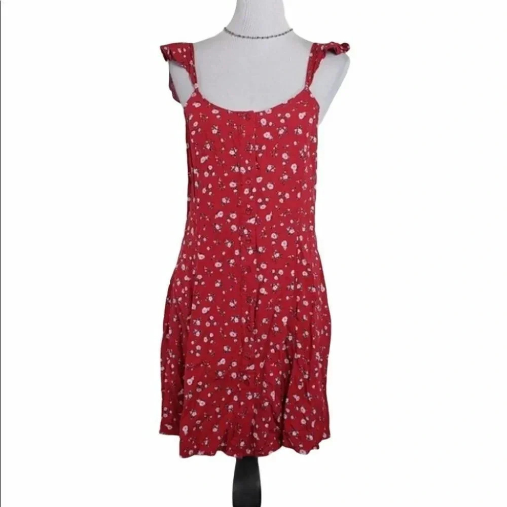 Mossimo Supply Co Floral Mini Dress Medium Red Ruffle Strap Button Front Boho